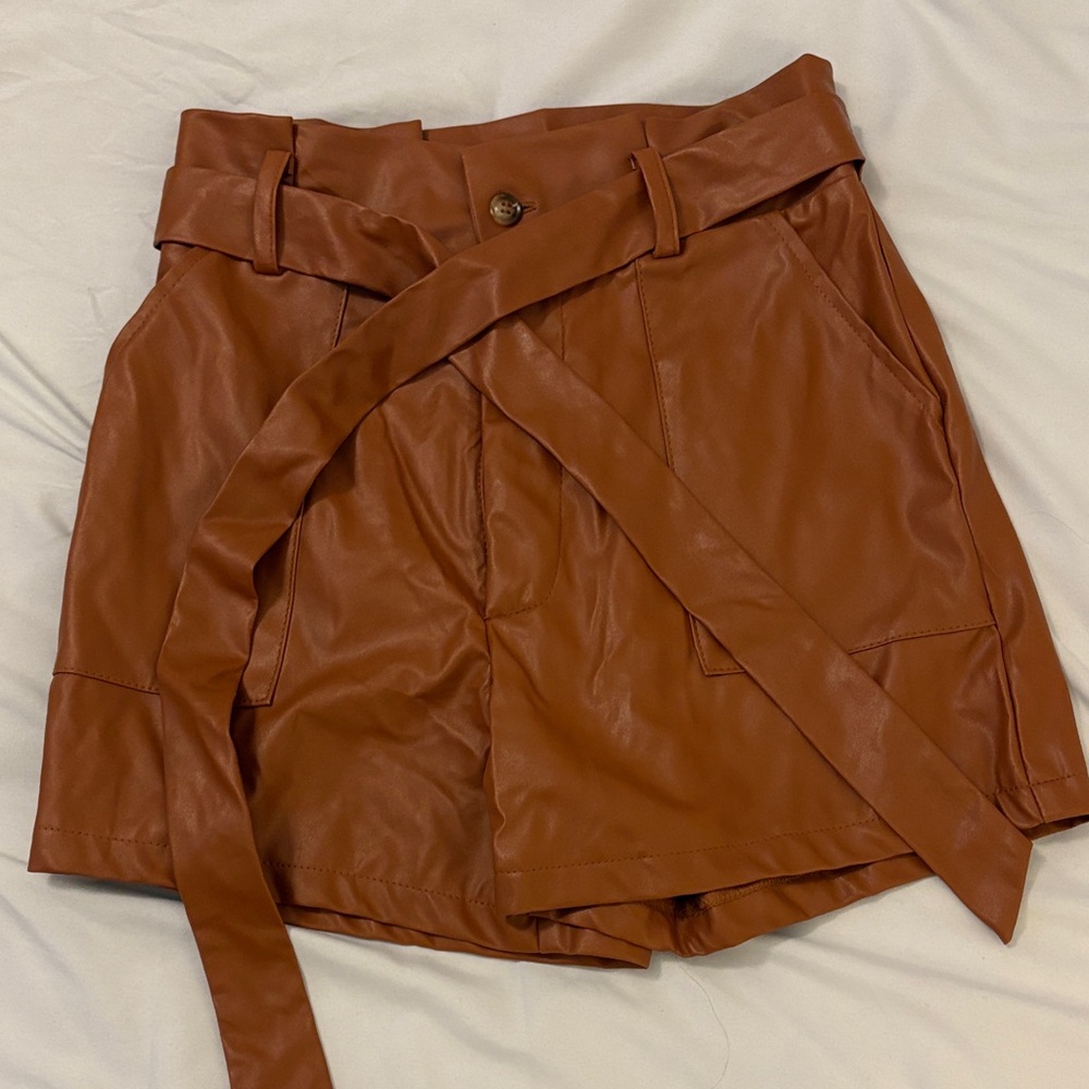 Brown Faux Leather Shorts with Tie Belt